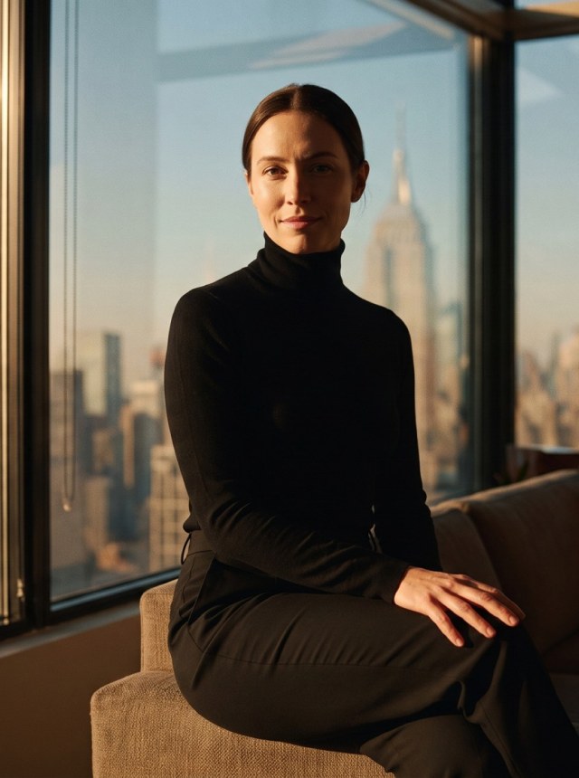 A partner seated by the window of a Manhattan office at golden hour